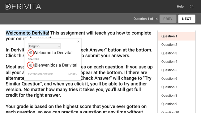 A Derivita assignment, as seen by a student. The text "Welcome to Derivita" is highlighted, and a popup shows the Spanish translation: "Bienvenidos a Derivita". In the popup, the "Read Aloud" buttons are circled.