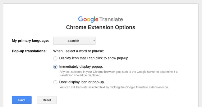 The Google Translate extension options page. A language has been chosen, and the option "Immediately display popup" is selected.